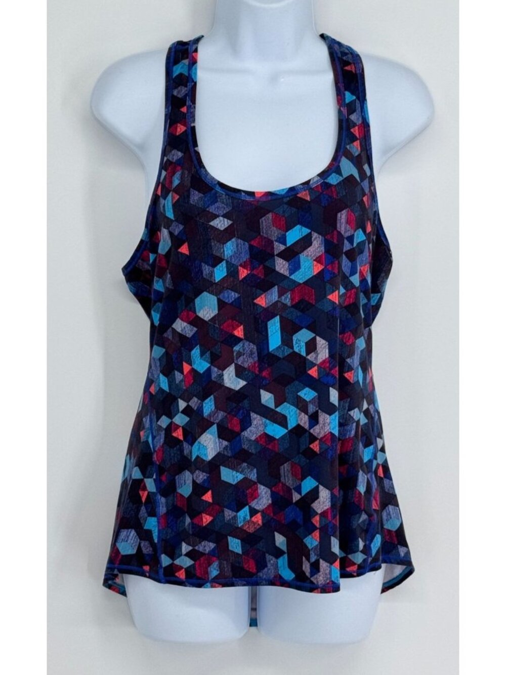 Athleta Geo Print Racerback Tank Top Medium Multicolor Blue Red Stretchy Activew - Picture 1 of 6